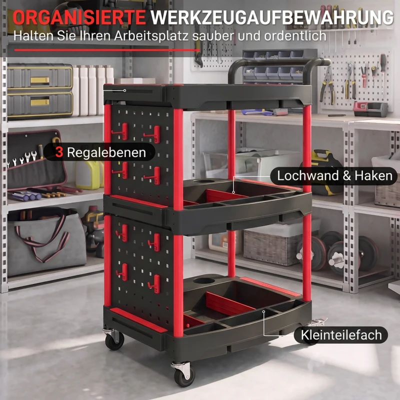 HOMCOM Gereedschapswagen met 3 niveaus, gatenbord en haken, verrijdbare werkplaatswagen met remmen, zwart/rood