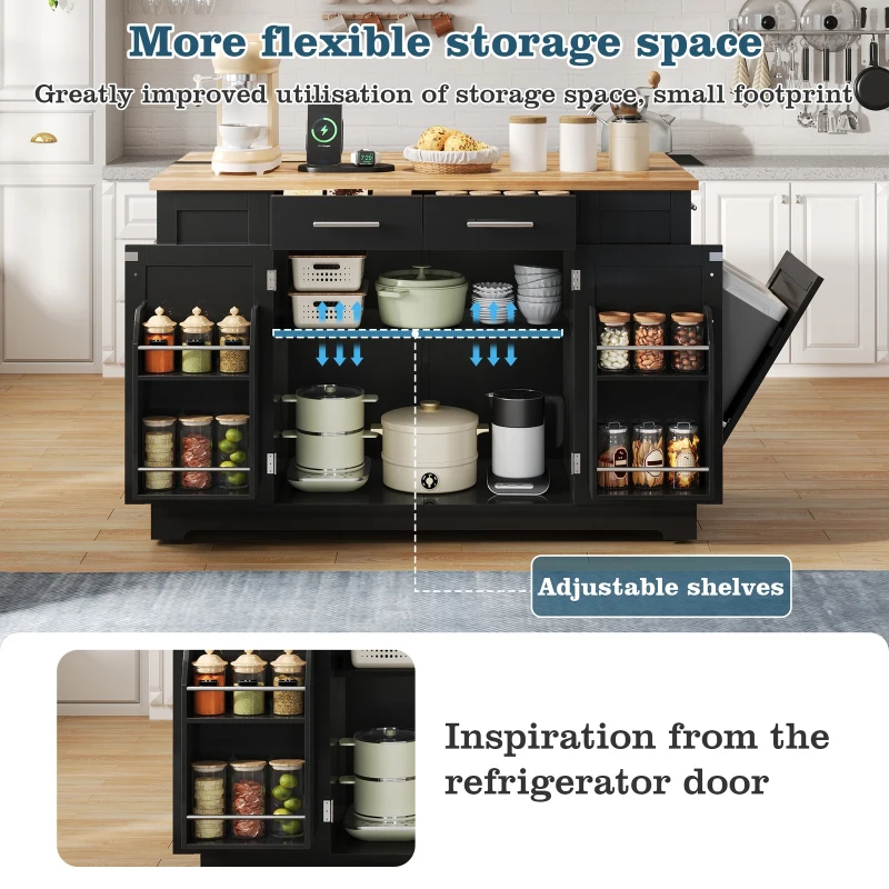 Modern Rolling Kitchen Island Trolley with Woodgrain Worktop, Mobile Storage Cart Unit with Pull-Out Bin Compartment, 138L x 86W x 92H cm, Black