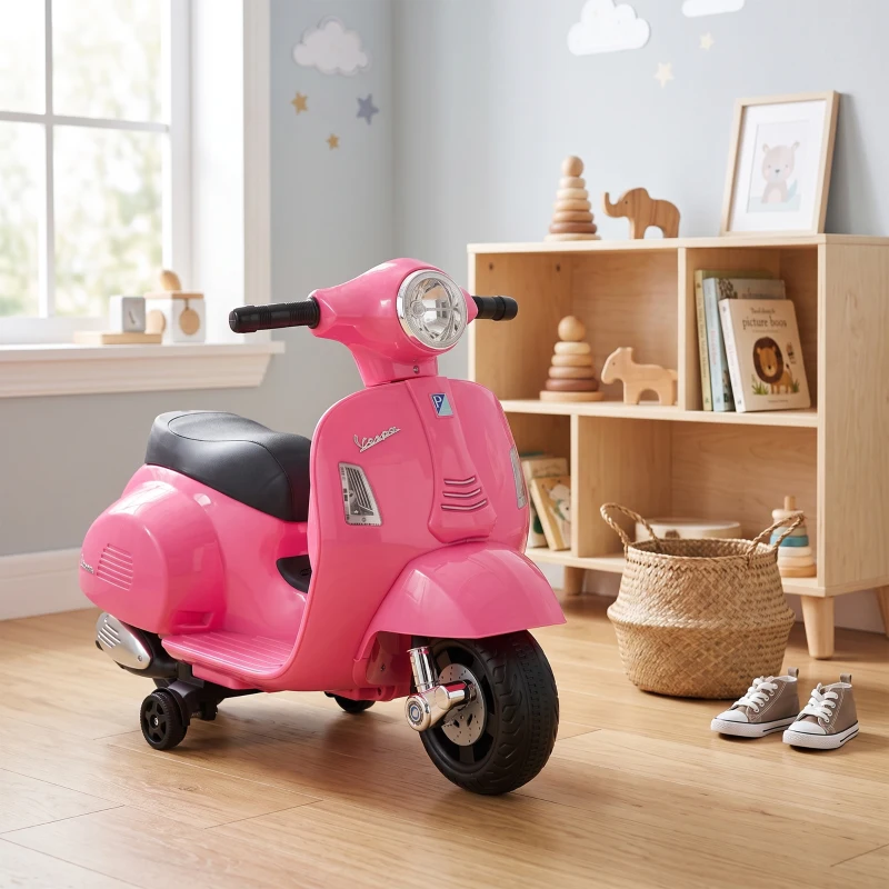 HOMCOM Mota Elétrica Infantil Vespa 6V com Farol, Buzina e Rodas Auxiliares para Crianças de 18-36 Meses Rosa 66,5x38x52 cm