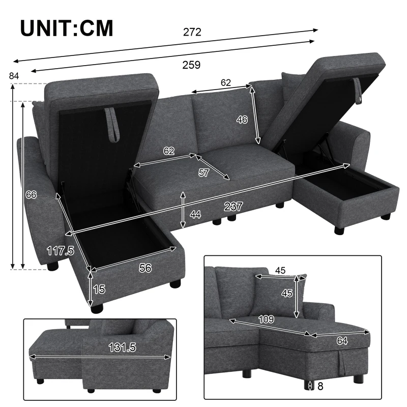Modern Chenille U-Shaped Sectional Sofa with 2 Storage Chaise Lounges, Soft Convertible Couch with 2 Square Cushions, 272L x 131.5W x 84H cm, Grey