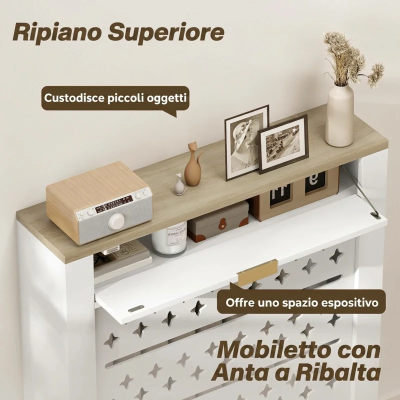 HOMCOM Copritermosifoni con Cassetto a Ribalta, Motivo a Croce per Soggiorno, Corridoio, Ufficio, Bianco