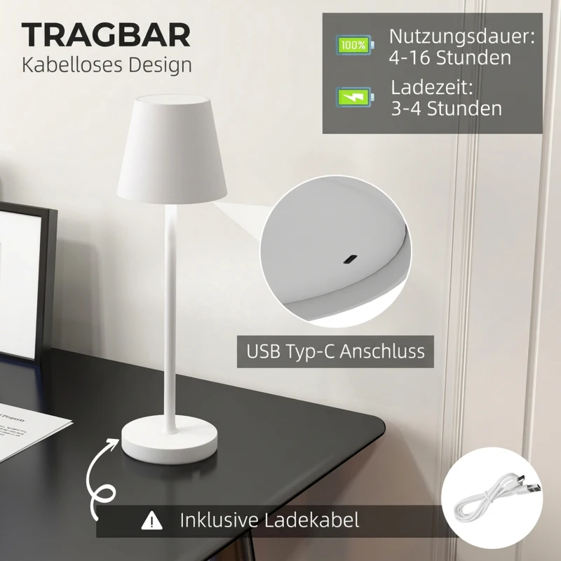 HOMCOM Aufladbare USB-Tischleuchte mit 3 Lichtfarben, Tragbare USB-Nachttischlampe mit Touch-Schalter, Metall, Weiß