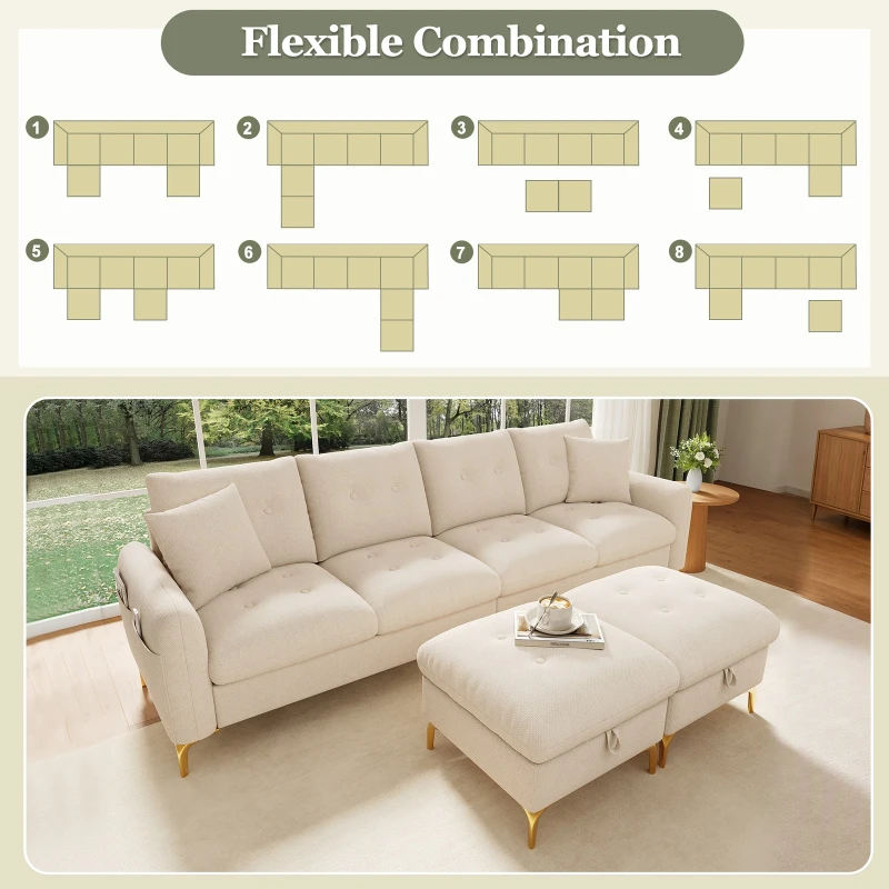 Modern U-Shaped Modular Sleeper Sofa with 2 Storage Ottomans, Soft Convertible Couch 2 Decorative Cushions, 263L x 137W x 85H cm, Beige