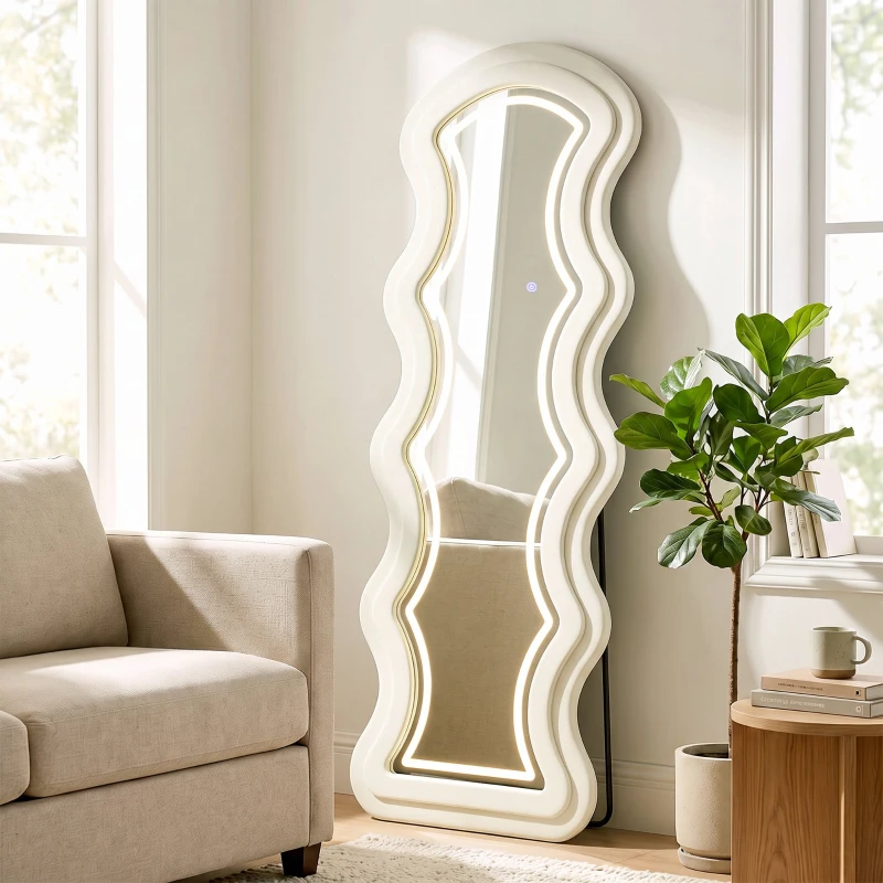 HOMCOM Miroir Pleine Longueur Ondulé 160 x 60 cm, LED 3 Couleurs, Cadre Effet Velours, Verre Trempé HD, Crème