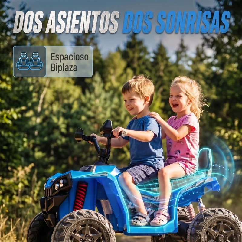 AIYAPLAY Quad Eléctrico Niños 24V 2 Plazas 2 Motores 120 W Batería de Litio Suspensión Arranque Suave 4-6 km/h 3-8 Años Azul