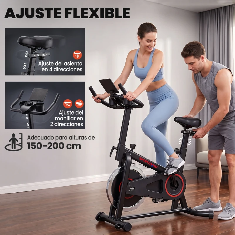SPORTNOW Bicicleta Estática en Casa con APP Bluetooth Volante 6 kg Pantalla LCD Asiento y Manillar Ajustables Soporte Teléfono