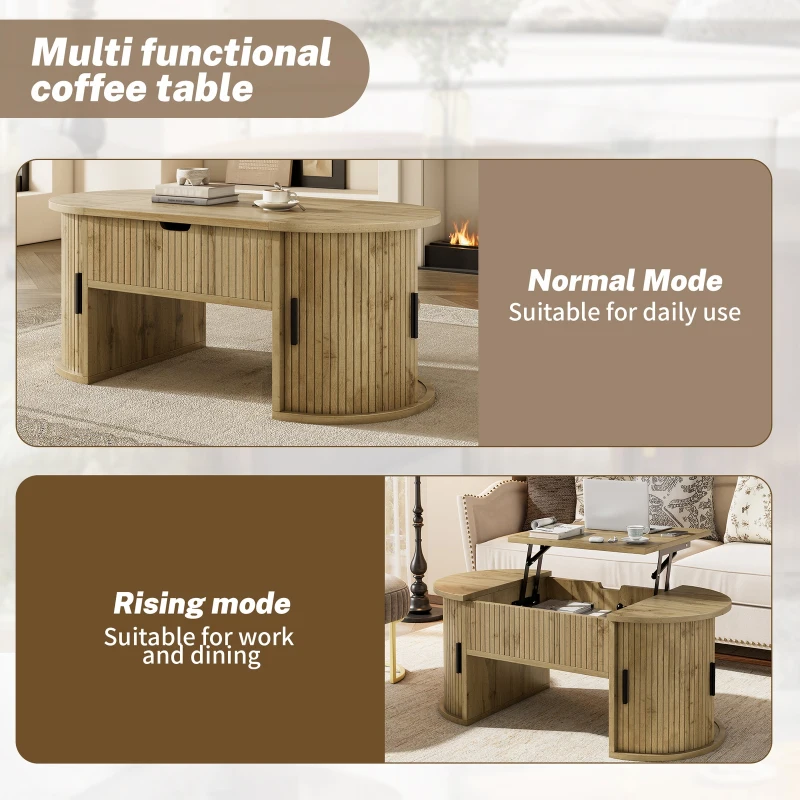 Modern Height-Adjustable Coffee Table with Storage and Sliding Doors, Space-Saving Storage Table for Apartments, 100L x 50W x 40.5H cm, Wood