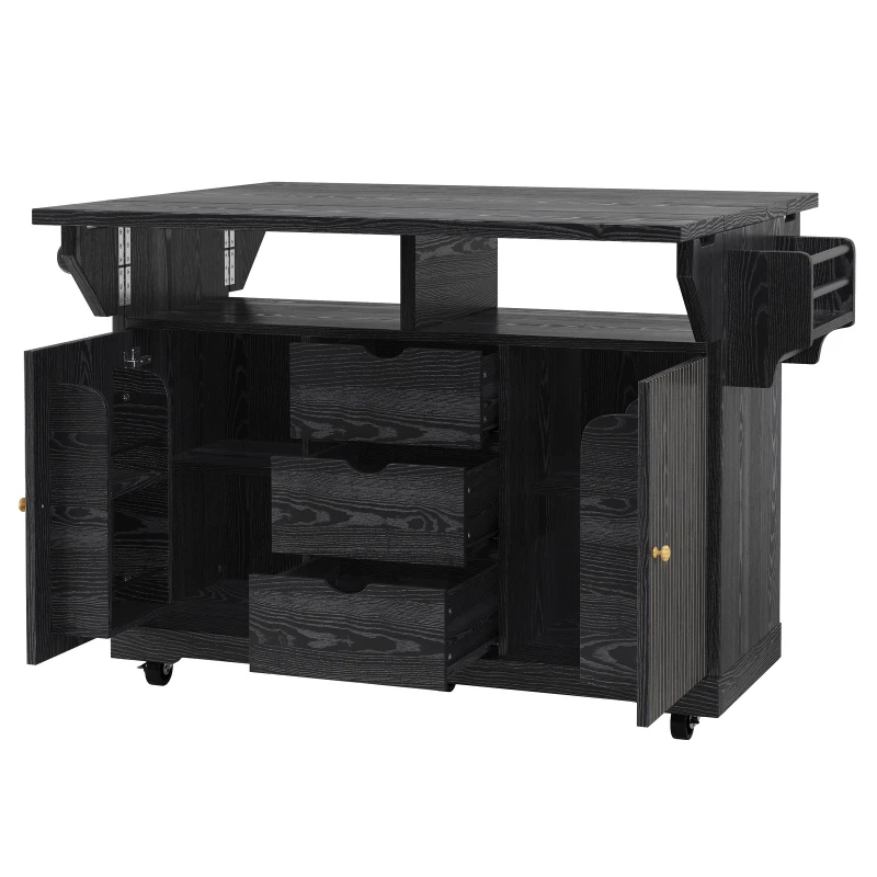 Foldable Serving Trolley with Ergonomic Height and Fold-Out Tabletops, Storage Cart with Braked Castors, 142.5L x 80W x 95H cm, Black