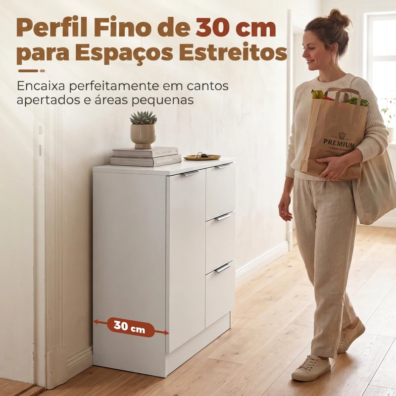 HOMCOM Aparador Estreito com Porta e 3 Gavetas 60x30x70 cm para Entrada ou Sala Branco