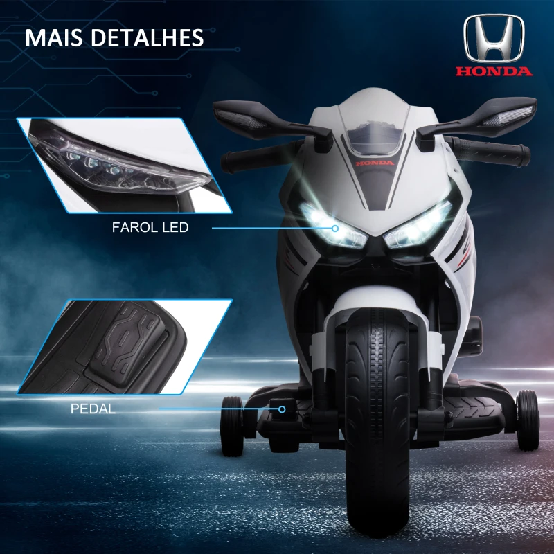 HOMCOM Mota Elétrica com Licença HONDA para Crianças de 3-5 Anos Mota a Bateria 6V com Farol Buzina Música 90x44x52cm Branco