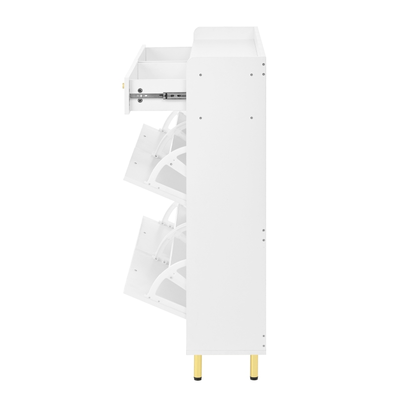 Modern Shoe Cabinet with 4 Flip Doors and 2 Drawers, Space-Saving Entryway Storage Organizer with Metal Handles, 106.5L x 25W x 105.5H cm, White