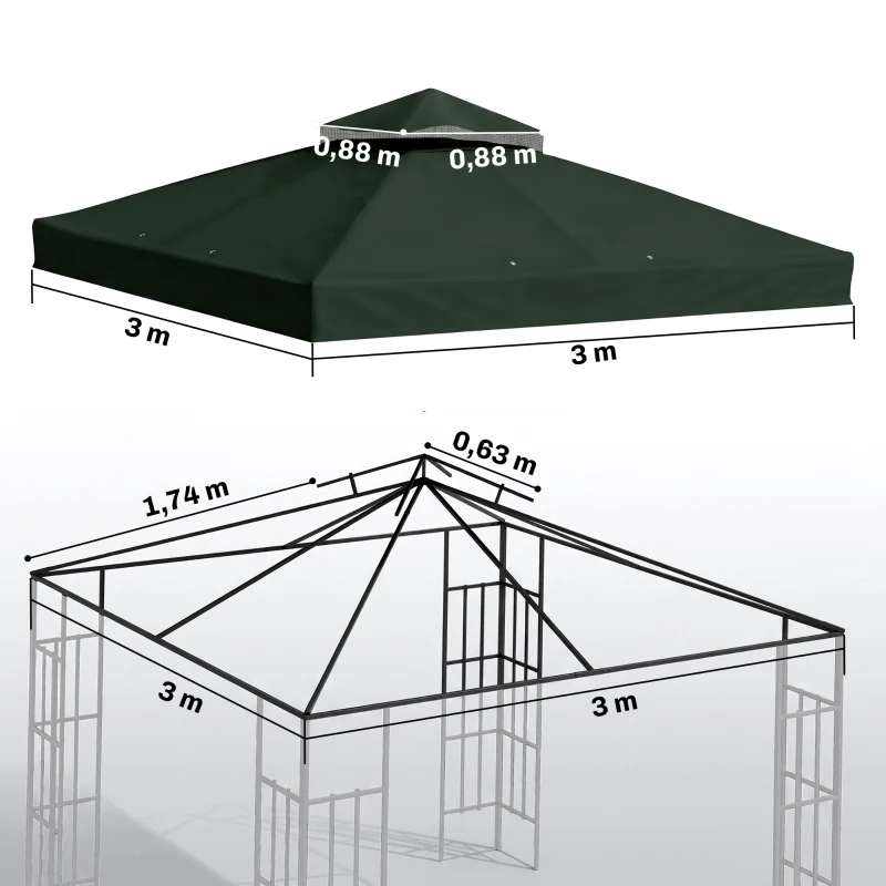 Outsunny Toldo de Substituição para Pérgola 3x3 m Toldo de Substituição com Teto Duplo Proteção UV 30+ Toldo para Pérgola Verde