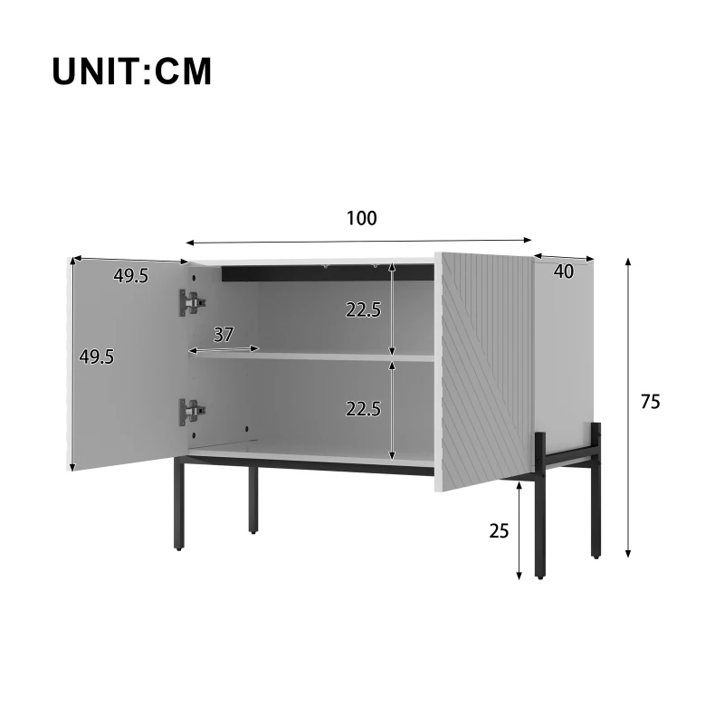 Modern Wooden Sideboard Storage Cabinet with 2 Doors, Freestanding Buffet Cupboard with Raised Metal Legs, 100L x 40W x 75H cm, White