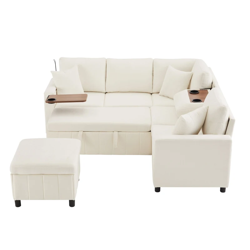 Modern Corner Sofa Bed with Reading Lamp and Fold-Out Cup Holder Table, Soft Pull-Out Sleeper Couch with Ottoman, 205L x 205W x 85H cm, Beige