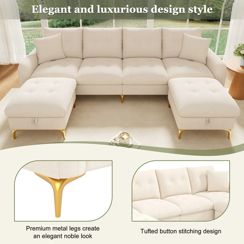 Modern U-Shaped Modular Sleeper Sofa with 2 Storage Ottomans, Soft Convertible Couch 2 Decorative Cushions, 263L x 137W x 85H cm, Beige