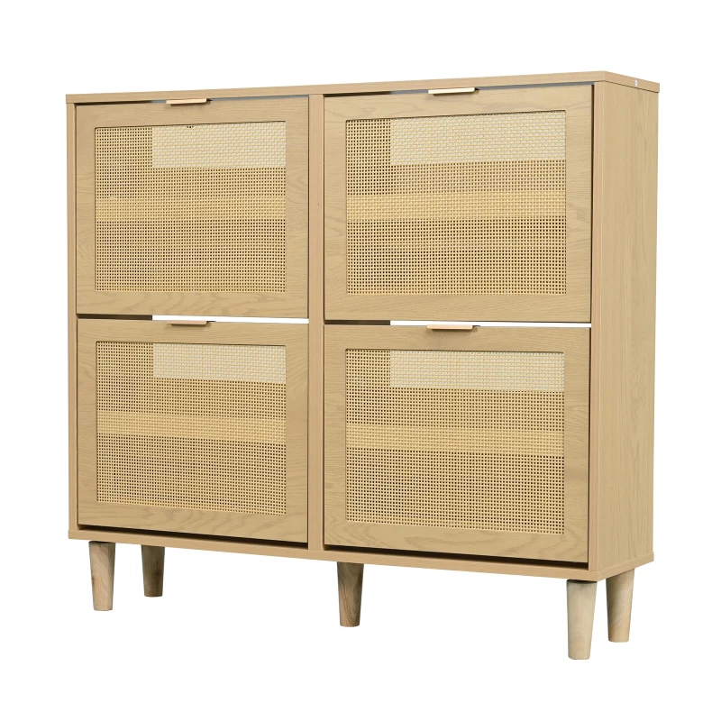 Modern Rattan Shoe Cabinet with 4 Flip Drawers, Space-Saving Storage Organiser Cupboard with Adjustable Shelves, 100L x 25W x 90.5H cm, Light Oak