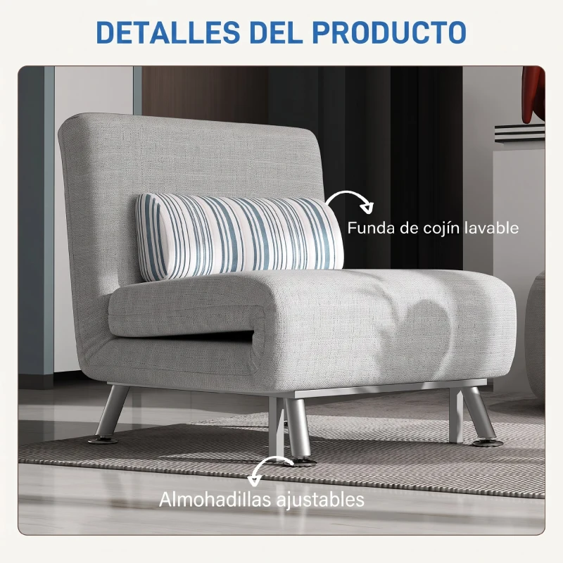 HOMCOM Sofá Cama Individual Plegable con Respaldo Ajustable de 5 Niveles Cojín y Tapizado de Lino Sintético 75x70x75 cm Gris