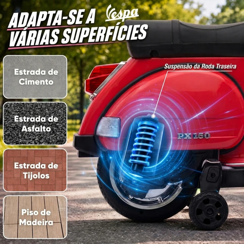 AIYAPLAY Mota Elétrica Infantil 12V Vespa PX150 com Rodinhas de Apoio, 2 Motores, Suspensão Traseira, Música e Luzes, 3 km/h, 3-6 Anos, Vermelha