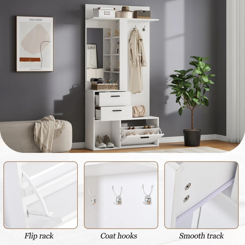 Modern Hall Tree with Mirror and Fold-Out Shoe Rack, Space-Saving Entryway Organizer with 3 Hooks and Drawers, 90L x 30W x 180H cm, White