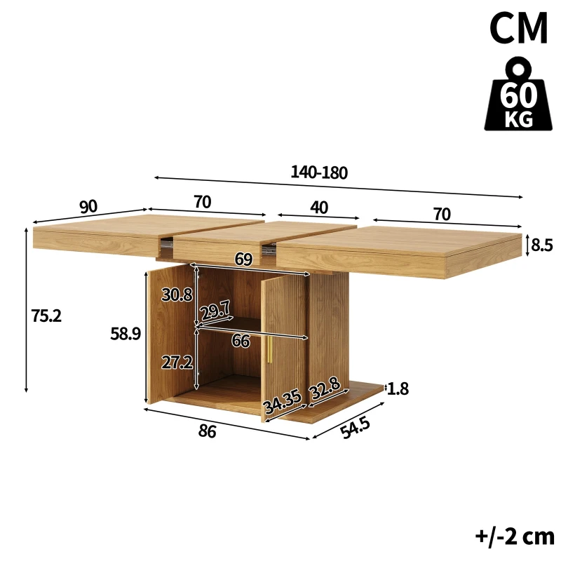 Extendable Dining Table with Integrated Storage, Space-Saving Kitchen Table with Grooved Doors and Shelves, 140-180L x 90W x 75H cm, Natural
