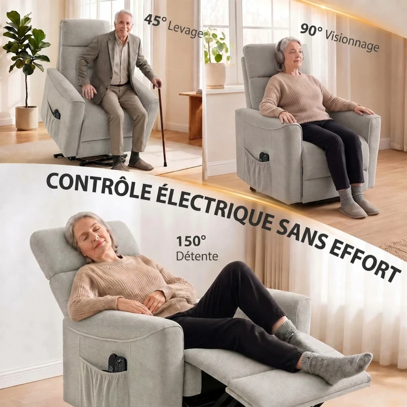 HOMCOM Fauteuil Releveur Électrique Massage Vibration et Chaleur, Fauteuil Relax Électrique, Dossier Inclinable, Chenille, Gris