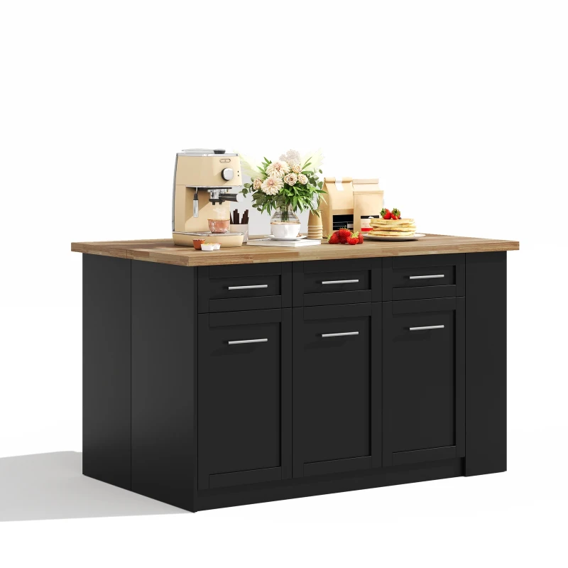 Modern Kitchen Island with Hidden Extendable Dining Table, Mobile Breakfast Bar with Marble-Effect Worktop, 150L x 90W x 90H cm, Black+Natural