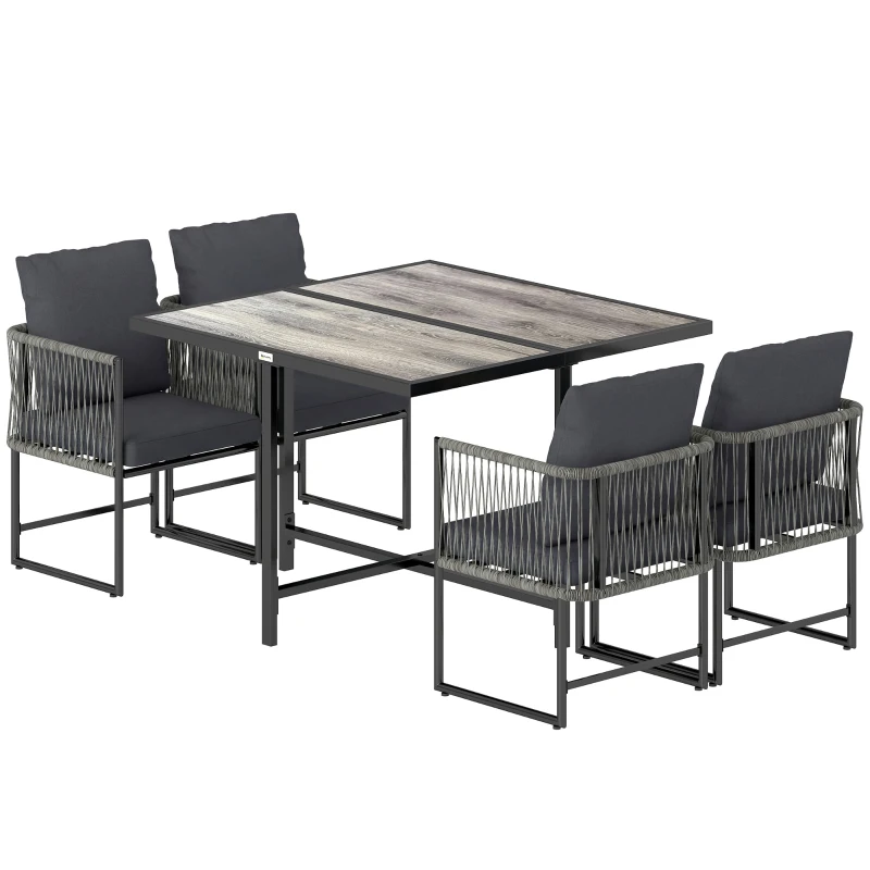 Outsunny Polyrattan Gartenmöbel Set 5-teilig Platzsparend Sitzgruppe Tisch mit 4 Stühlen DPC-Tischplatte Kissen Grau