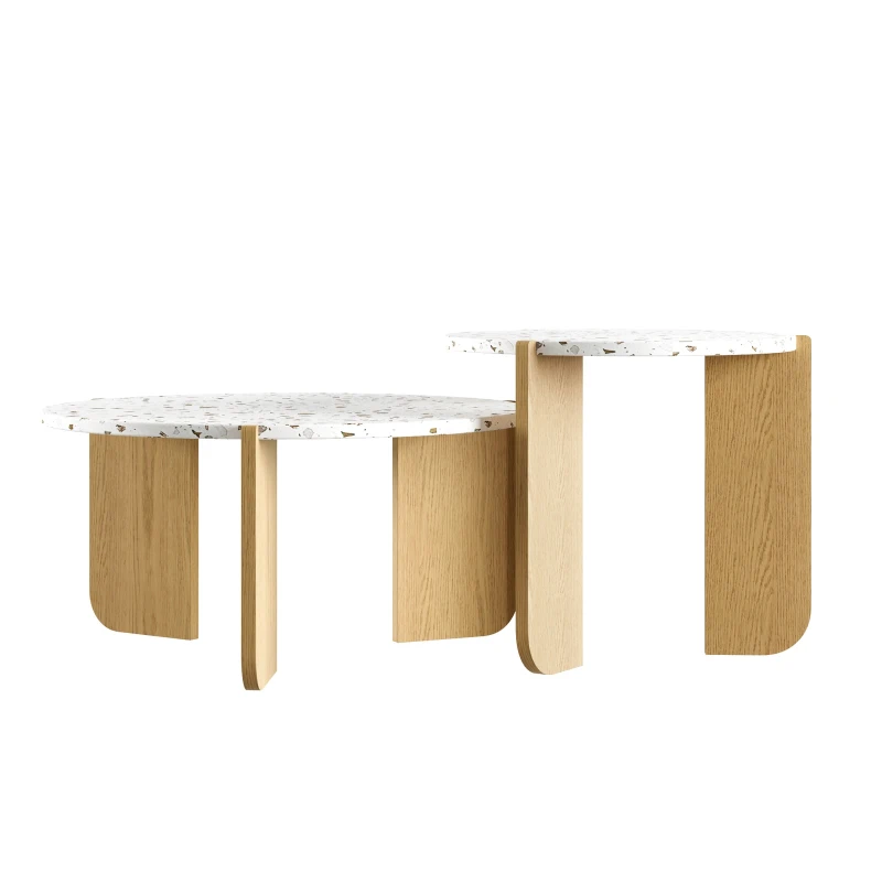 Modern 2-Piece Nesting Coffee Table Set with Patterned Tabletops, Side Tables for Living Room, 70L x 70W x 35H cm, White and Wood