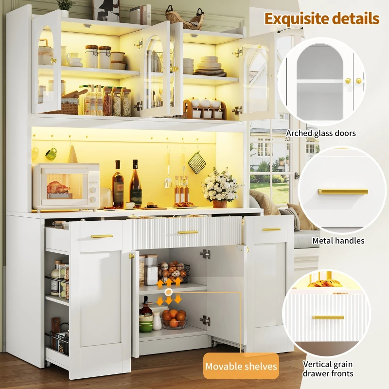 Modern Kitchen Cabinet with App-Controlled RGB LED, Storage Cabinet with Roll-Out Shelves and Glass Doors, 120L x 40W x 187H cm, White