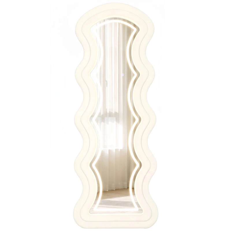 HOMCOM Miroir Pleine Longueur Ondulé 160 x 60 cm, LED 3 Couleurs, Cadre Effet Velours, Verre Trempé HD, Crème