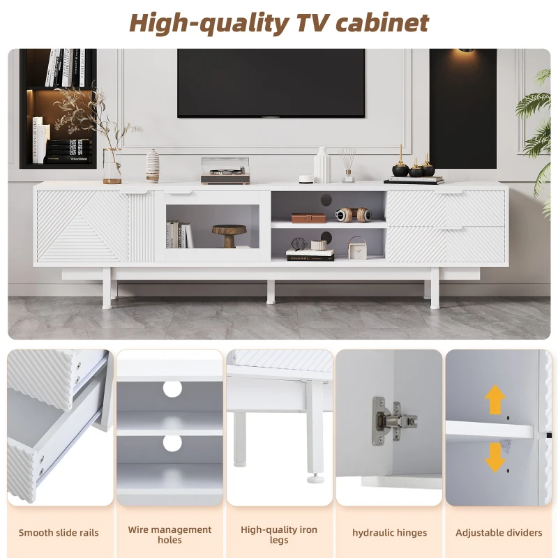 Modern Minimalist TV Cabinet with Cable Management, Sideboard with 2 Doors, 2 Drawers and 1 Open Shelf, 200L x 40W x 50.5H cm, White