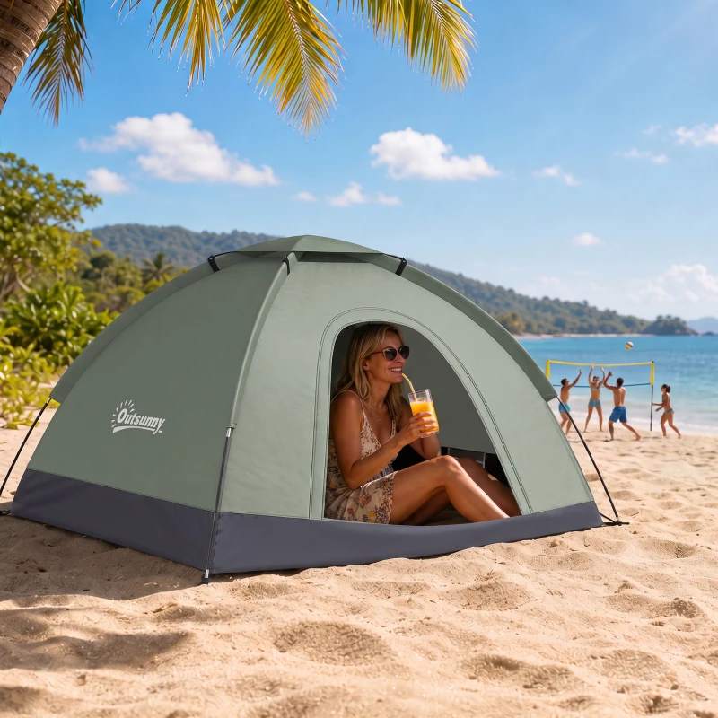 Outsunny Tienda de Camping Plegable con 2 Ventanas de Malla Bolsa de Transporte y Marco de Fibra de Vidrio 206x152x110 cm Verde