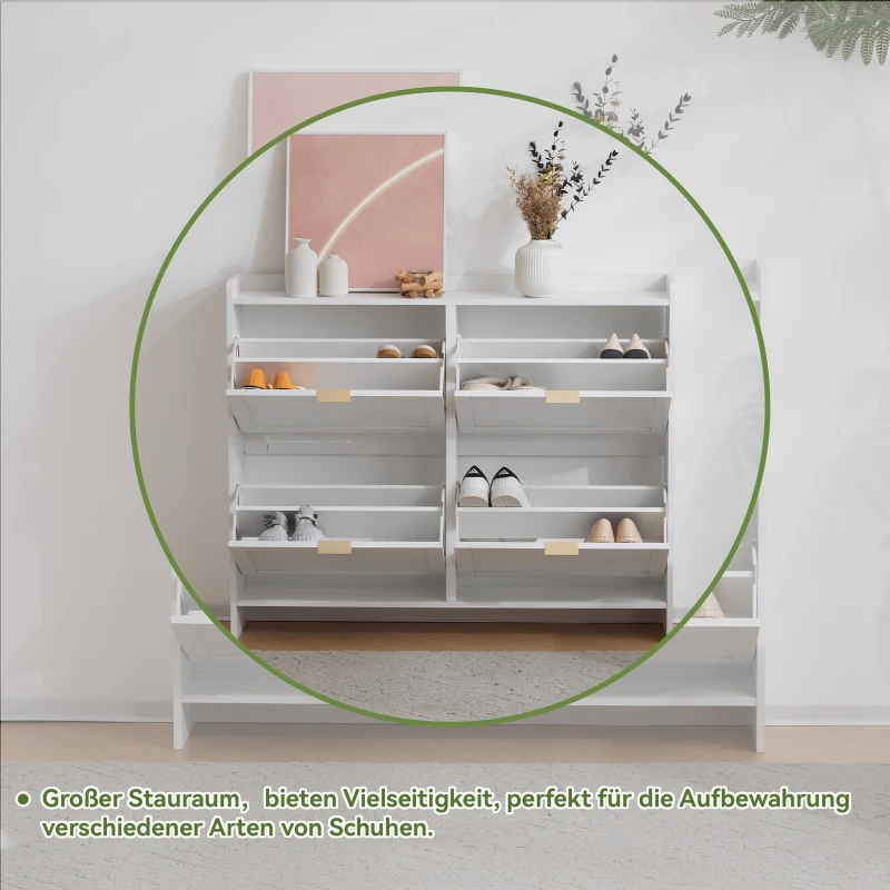 Modern Wooden Shoe Cabinet with 4 Flip Drawers and Open Shelves, Space-Saving Organiser Cupboard for Hallway, 110L x 24W x 90H cm, White