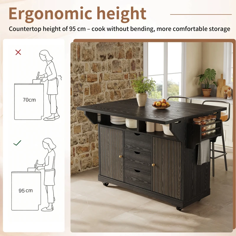 Foldable Serving Trolley with Ergonomic Height and Fold-Out Tabletops, Storage Cart with Braked Castors, 142.5L x 80W x 95H cm, Black