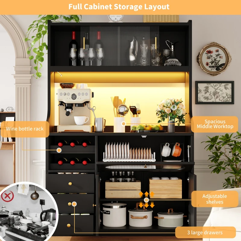 Tall Kitchen Cabinet with App-Controlled RGB LED and Glass Doors, Storage Unit with Wine Rack and 3 Drawers, 120L x 40W x 180H cm, Black