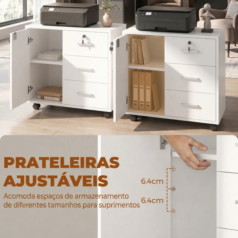 HOMCOM Móvel para Impressora com Rodas, Mesa com Porta e 3 Gavetas, Fechaduras, Prateleira Ajustável, Branco