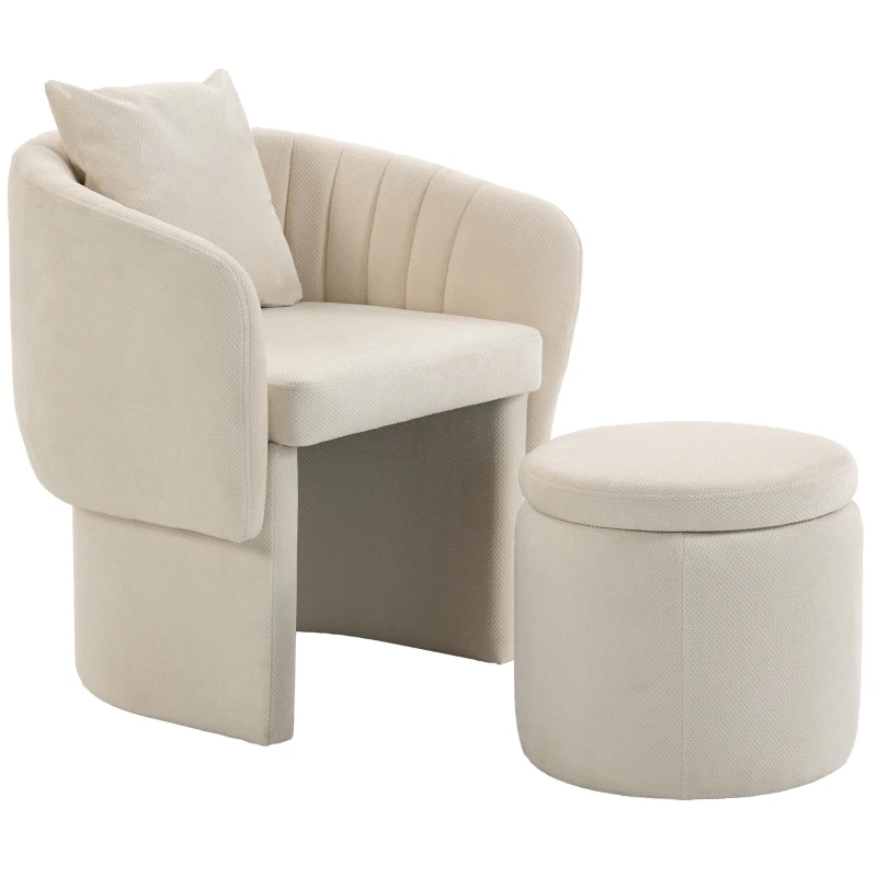 HOMCOM Fauteuil relax avec pouf, fauteuil lounge avec dossier incurvé, accoudoirs, rembourré en chenille style nordique, beige
