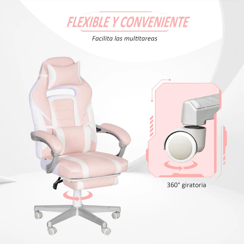 HOMCOM Silla Gaming Reclinable con Altura Ajustable Reposapiés Retráctil Soporte Lumbar y Reposacabezas Desmontable Rosa