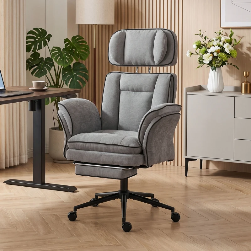 HOMCOM Silla de Escritorio con Reposapiés Reposabrazos Abatibles Respaldo Alto y Reclinable 145° Reposacabezas Ajustable Gris