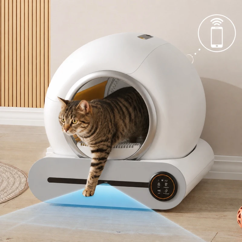 Self-Cleaning Cat Litter Box with App Control and Odor Eliminator, Automatic Cat Litter Tray for Multi-Cat Households, 48L x 52W x 50.5H cm, White