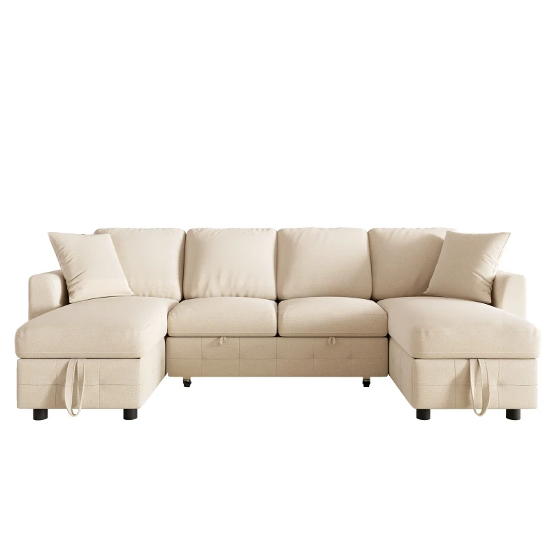 Modern Chenille U-Shaped Sectional Sofa with 2 Storage Chaise Lounges, Soft Convertible Sleeper Couch with 2 Square Cushions, 260L x 128W x 82H cm, Beige