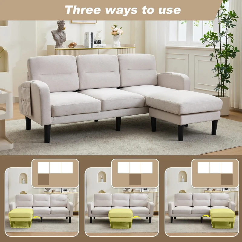L-Shaped Sectional Sofa with Movable Chaise and Storage Pockets, Modern 3-Seater Corner Sofa for Living Room, 204L x 136W x 80H cm, Beige