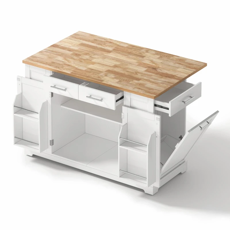 Modern Rolling Kitchen Island Trolley with Woodgrain Worktop, Mobile Storage Cart Unit with Pull-Out Bin Compartment, 138L x 86W x 92H cm, White