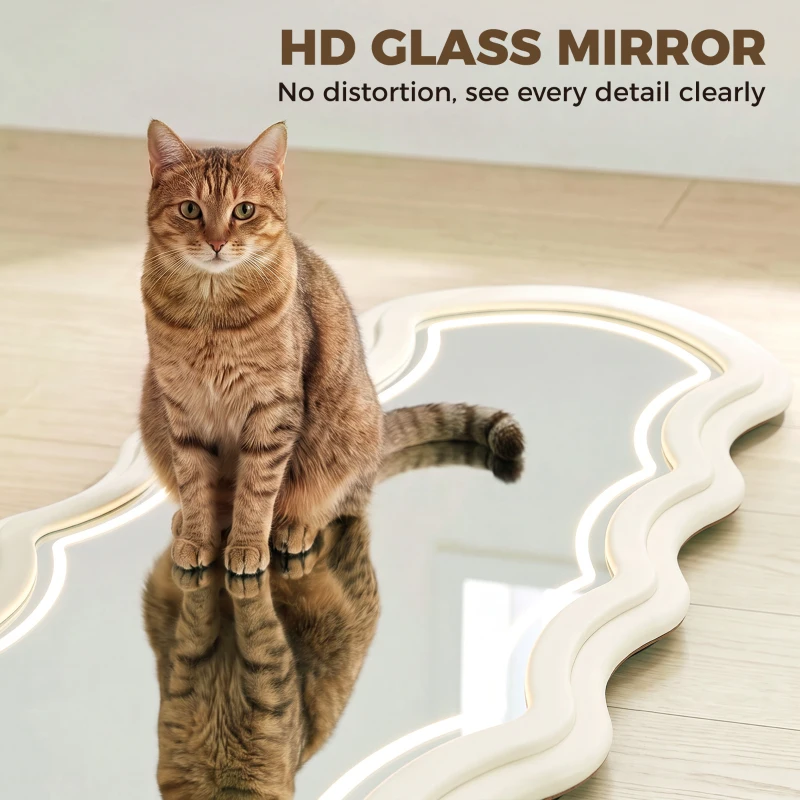 HOMCOM Miroir Pleine Longueur Ondulé 160 x 60 cm, LED 3 Couleurs, Cadre Effet Velours, Verre Trempé HD, Crème