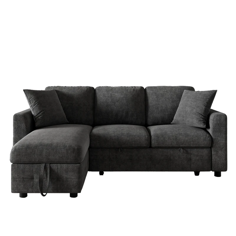 Modern Chenille L-Shaped Sectional Sofa with Storage Chaise Lounge, Soft Convertible Sleeper Couch with 2 Cushions, 200L x 130.5W x 83.5H cm, Gray