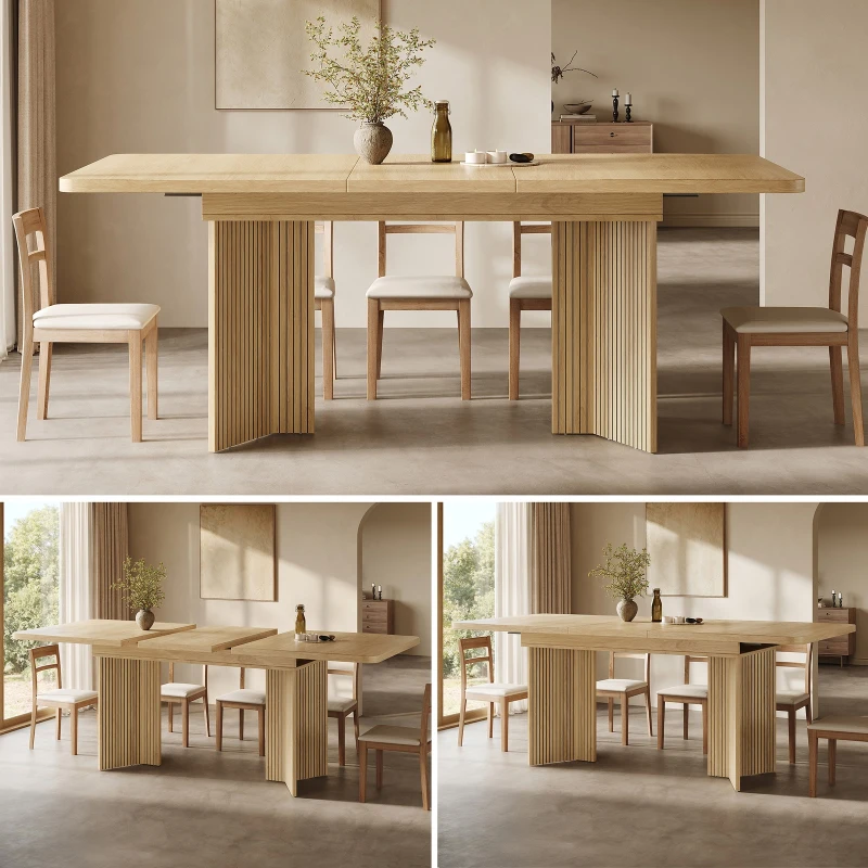 Extendable Dining Table with Grooved V-Shaped Legs, Space-Saving Dining Table for Flats and Family Meals, 120-160L x 80W x 76H cm, Natural