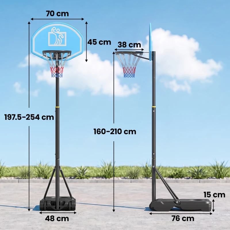 HOMCOM Canestro Basket con Altezza Regolabile 197.5-245cm, Base con Ruote e Tabellone, Blu