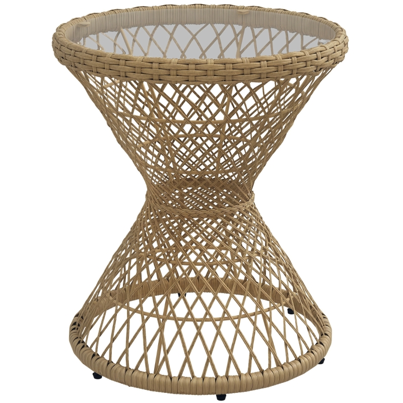Outsunny Couchtisch Beistelltisch Boho-Design, Glasplatte, PE-Rattan, 45 cm x 45 cm x 52 cm, Natur