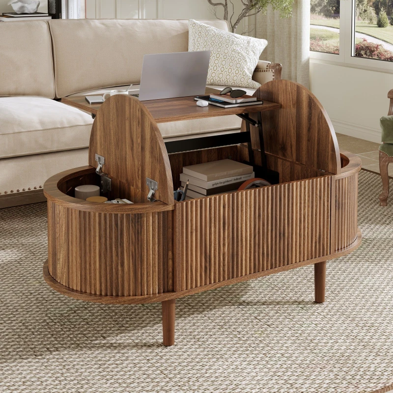 Vintage-Style Oval Coffee Table with Lift-Top and Storage, Multifunctional Storage Table for Living Room, 100L x 48W x 53.5H cm, Walnut