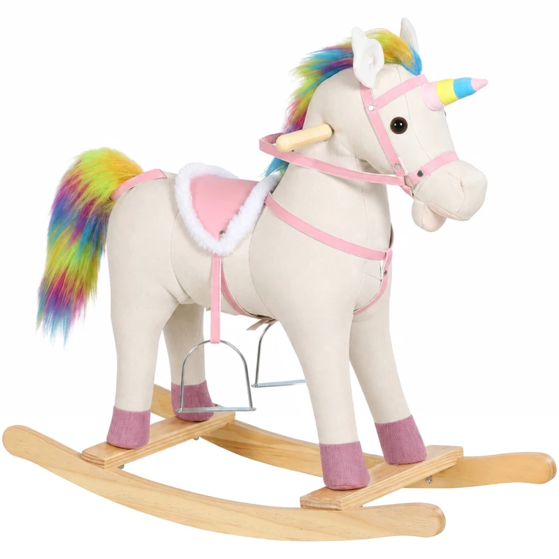 AIYAPLAY Caballito Balancín para Bebés Diseño Unicornio con Sonido Caballo Balancín Base de Madera para Niños 1-3 Años Crema
